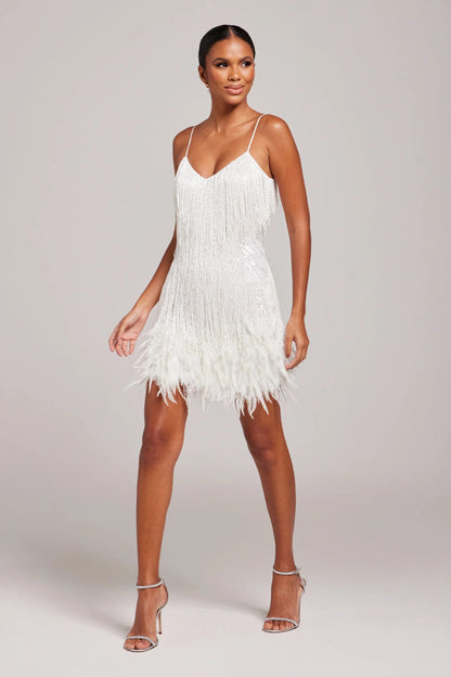 Isabella Sheath Mini Dress | Beaded Fringe Feather Trim Mini Dress