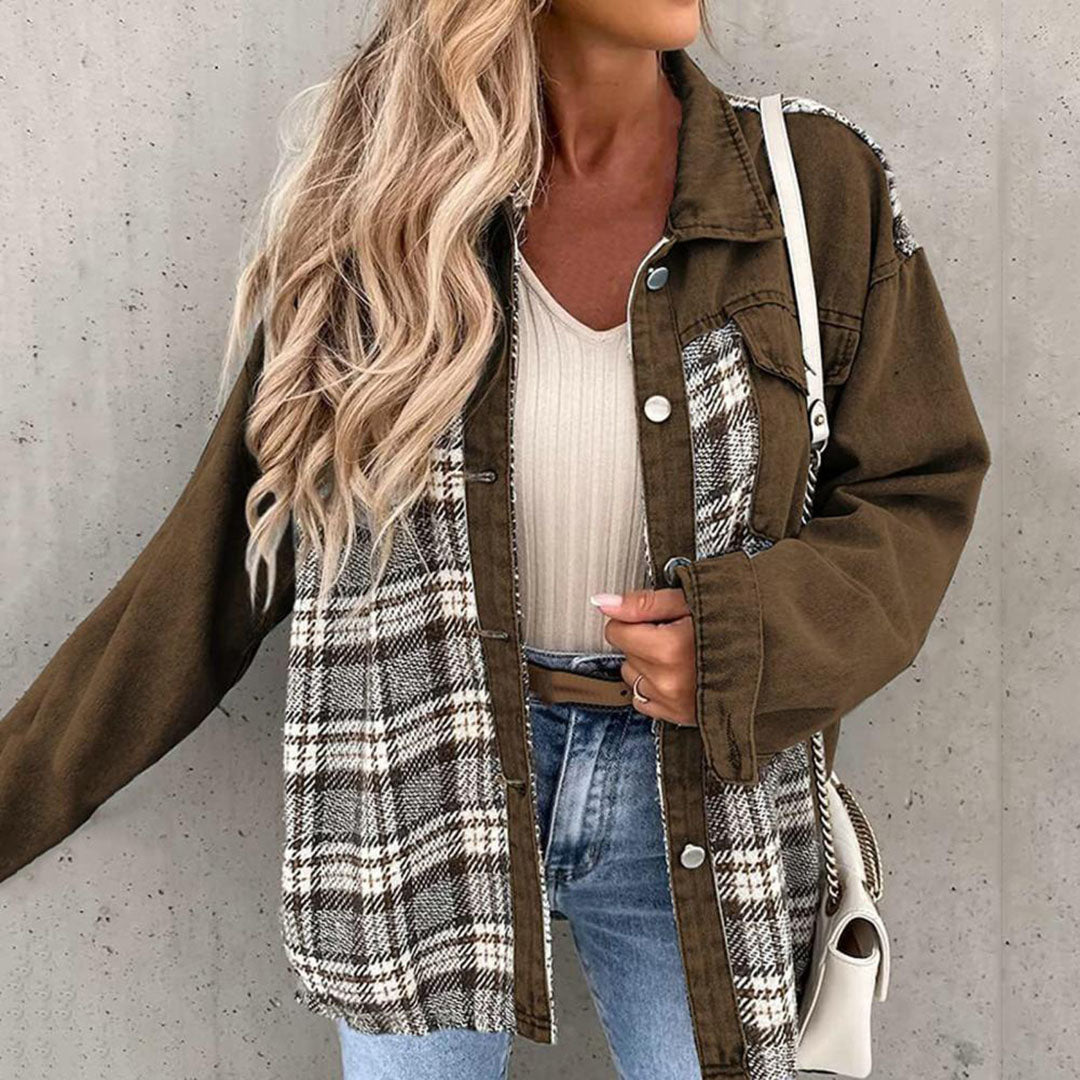Women’s Casual Jacket – Relaxed Fit – Cotton Blend – Mixed Pattern – Button Front