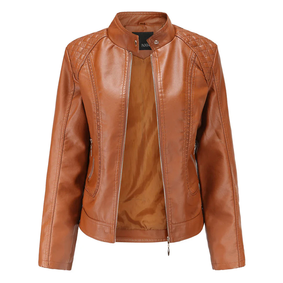 Women’s Leather Jacket – Slim Fit – Quilted Shoulders – Stand Collar – Zippered Pockets