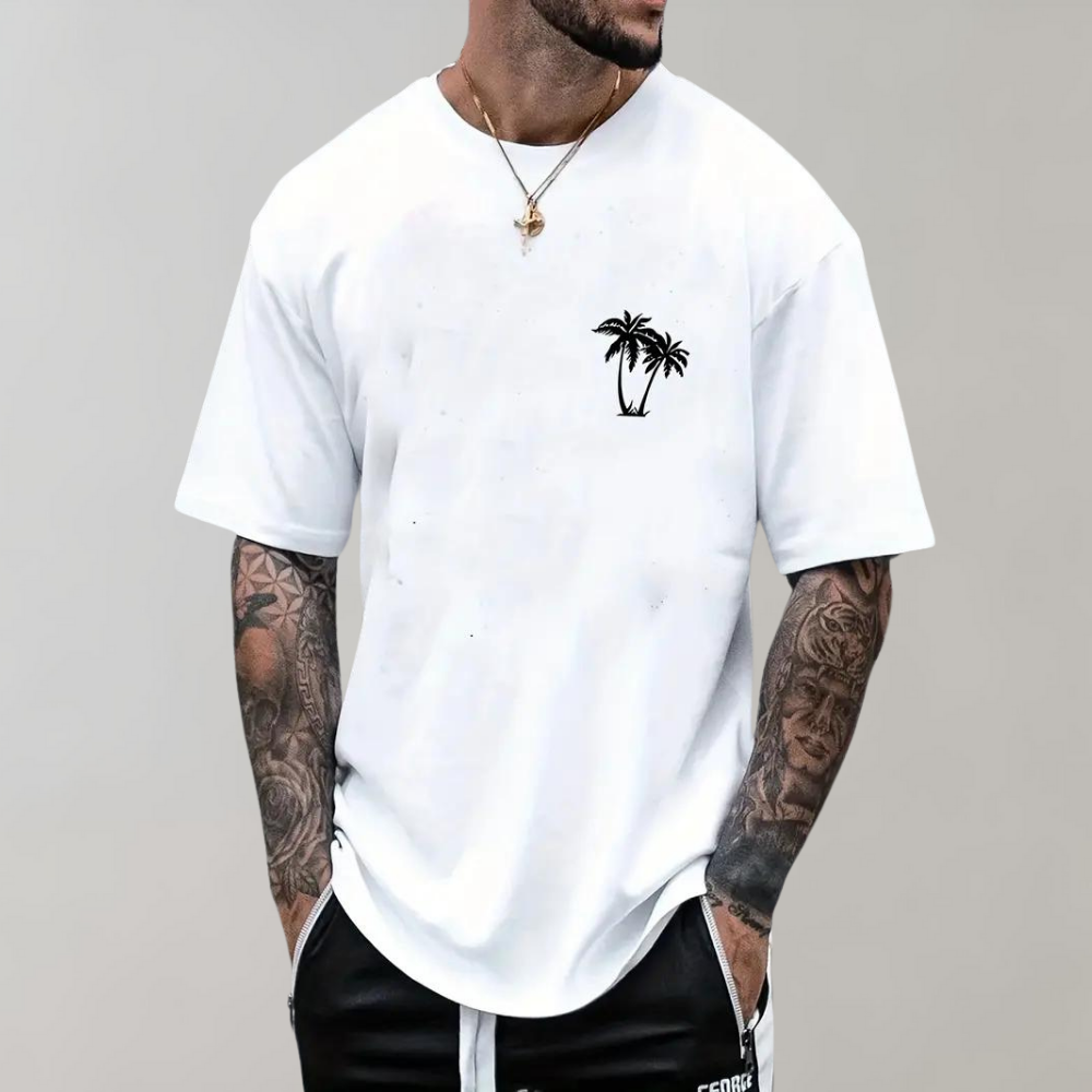 Men’s T-Shirt – Relaxed Fit – Short Sleeve – Palm Tree Graphic – Breathable Blend