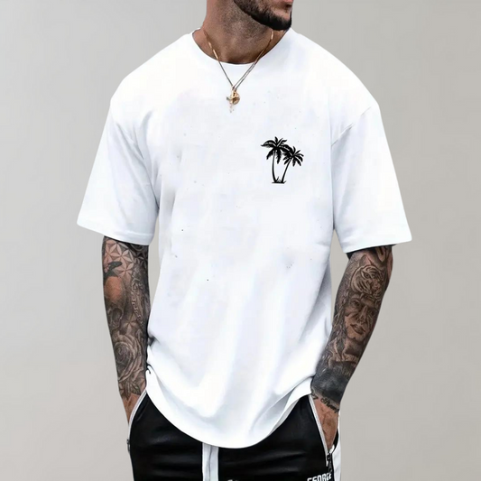 Men’s T-Shirt – Relaxed Fit – Short Sleeve – Palm Tree Graphic – Breathable Blend