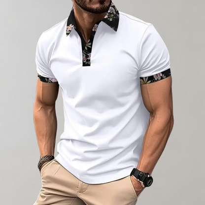 Men’s Polo Shirt – Slim Fit – Breathable Blend – Floral Trim – Short Sleeve Casual Wear