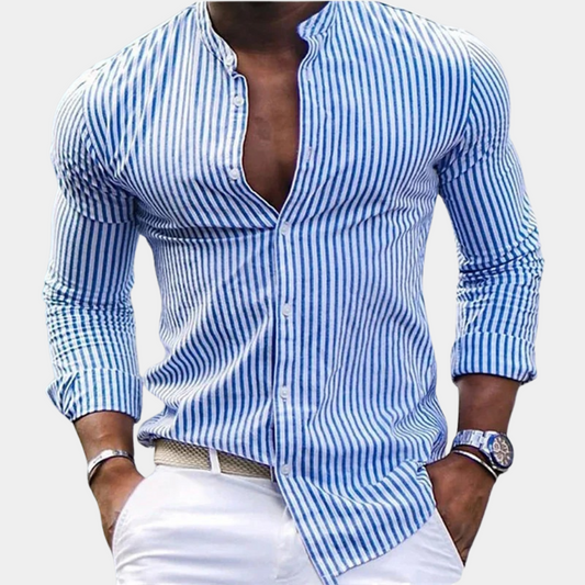 Men’s Long Sleeve Shirt – Slim Fit – Vertical Stripe – Band Collar – Breathable Blend