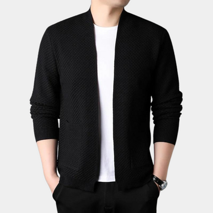 Men’s Blazer – Slim Fit Knit – Ribbed Trim – Open Front Smart Casual Style
