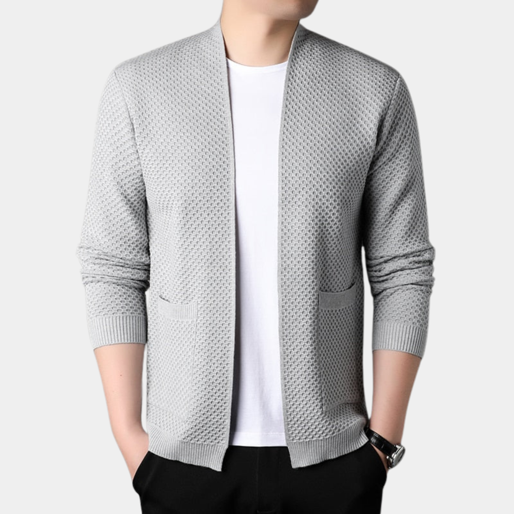 Men’s Blazer – Slim Fit Knit – Ribbed Trim – Open Front Smart Casual Style
