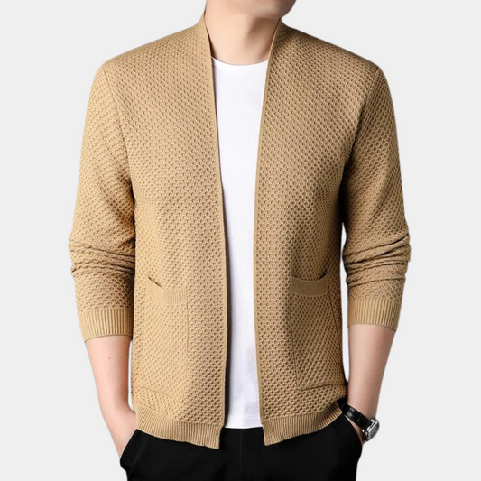 Men’s Blazer – Slim Fit Knit – Ribbed Trim – Open Front Smart Casual Style
