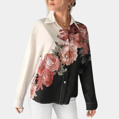 Women’s Blouse – Relaxed Fit – Floral Detail – Long Sleeve – Button-Up Front