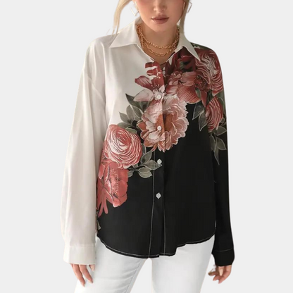 Women’s Blouse – Relaxed Fit – Floral Detail – Long Sleeve – Button-Up Front
