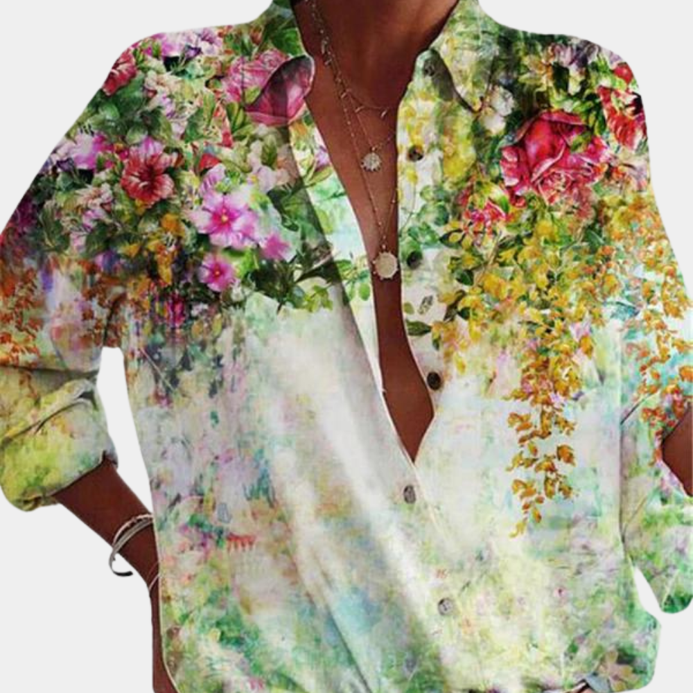 Women’s Blouse – Relaxed Fit – Floral Detail – Long Sleeve – Button-Up Front
