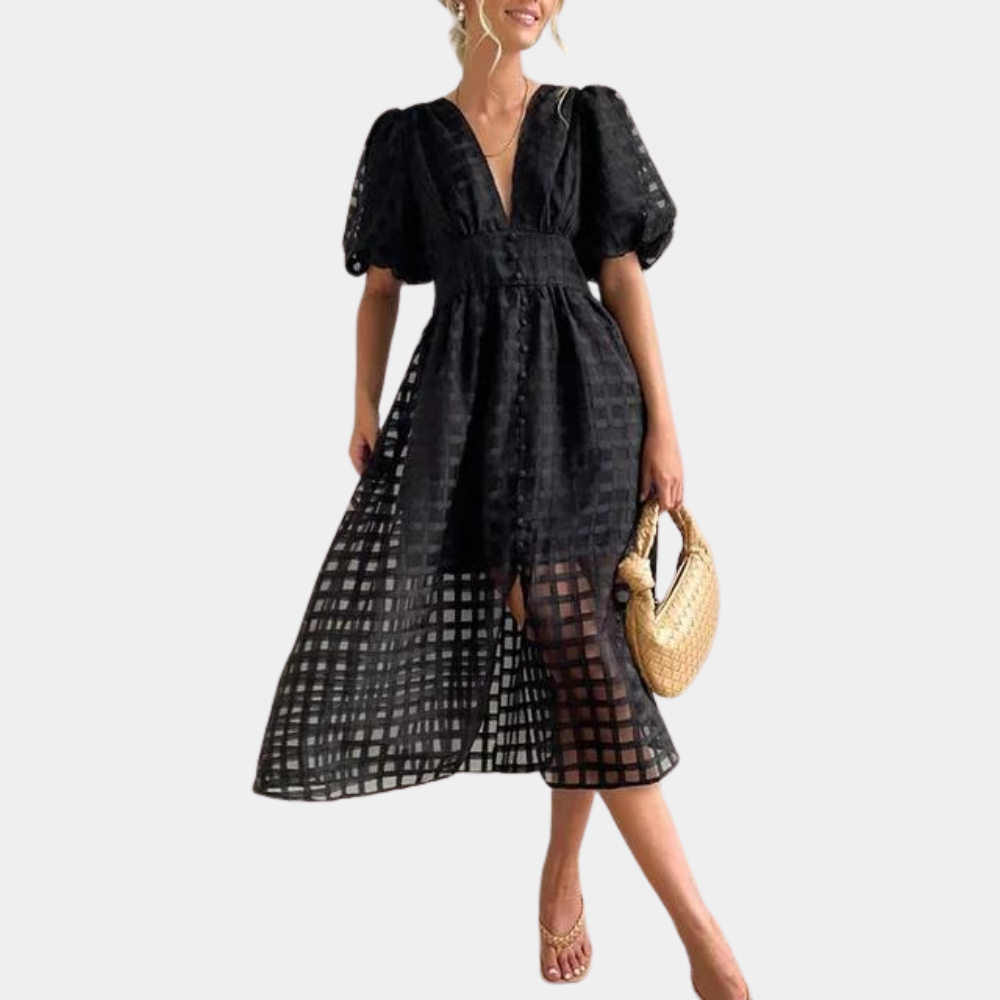 Women's Midi Dress - Deep V-Neck - Puff Sleeves - Cinched Waist - Checkered Mesh Fabric