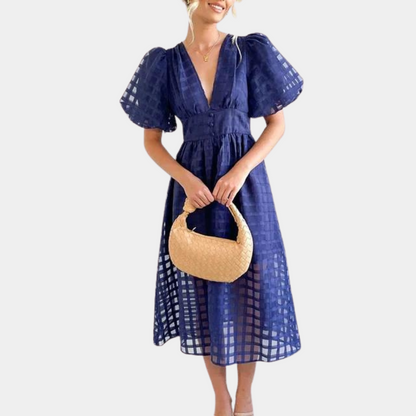 Women's Midi Dress - Deep V-Neck - Puff Sleeves - Cinched Waist - Checkered Mesh Fabric