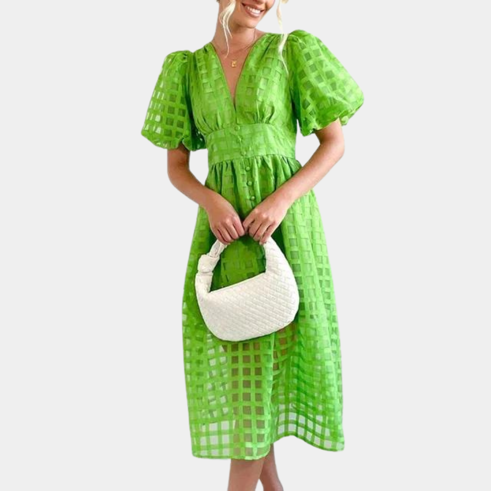 Women's Midi Dress - Deep V-Neck - Puff Sleeves - Cinched Waist - Checkered Mesh Fabric
