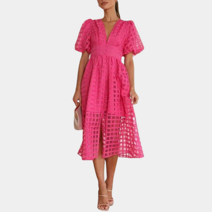 Women's Midi Dress - Deep V-Neck - Puff Sleeves - Cinched Waist - Checkered Mesh Fabric
