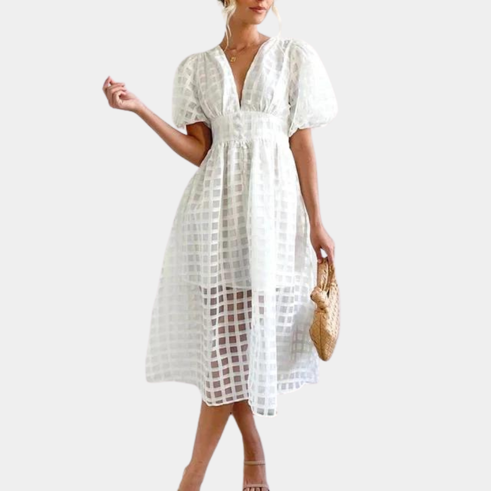 Women's Midi Dress - Deep V-Neck - Puff Sleeves - Cinched Waist - Checkered Mesh Fabric