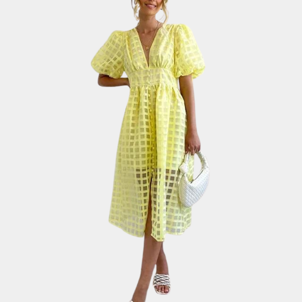 Women's Midi Dress - Deep V-Neck - Puff Sleeves - Cinched Waist - Checkered Mesh Fabric