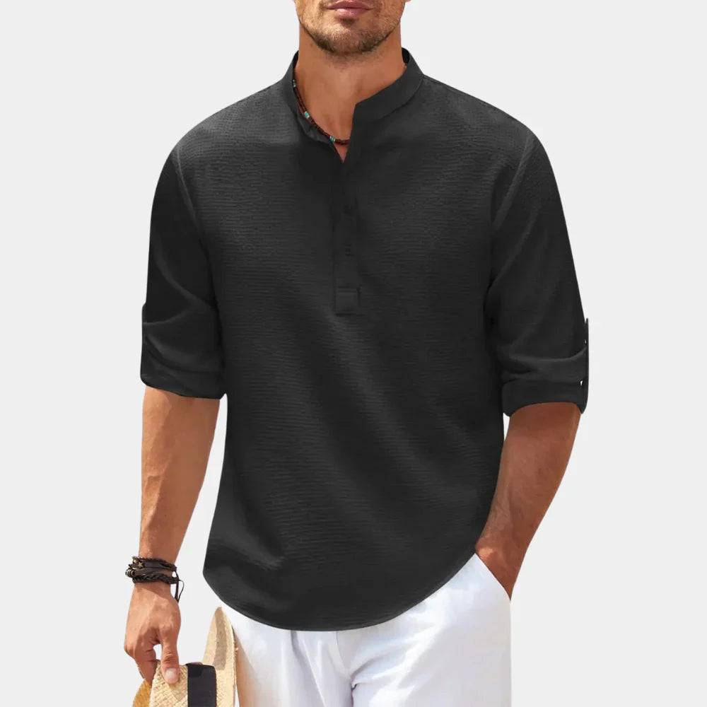 Men’s Casual Shirt – Relaxed Fit – Natural Fibers – Mandarin Collar – Long Sleeve