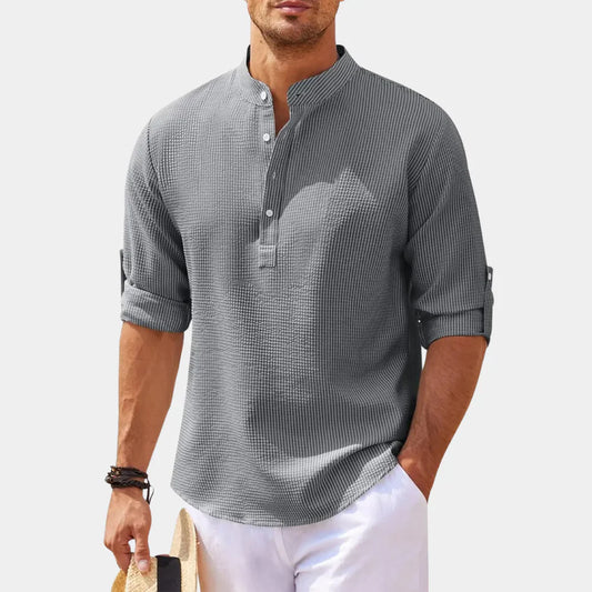 Men’s Casual Shirt – Relaxed Fit – Natural Fibers – Mandarin Collar – Long Sleeve