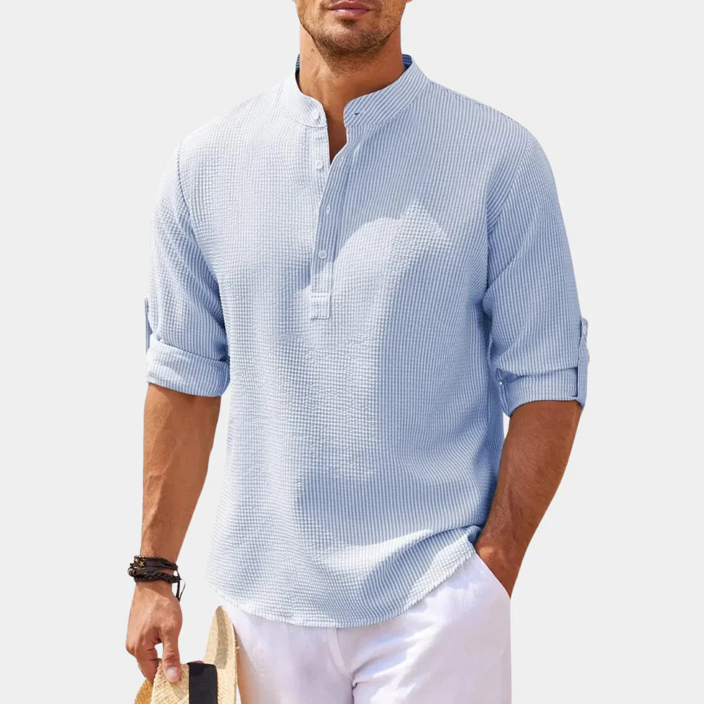 Men’s Casual Shirt – Relaxed Fit – Natural Fibers – Mandarin Collar – Long Sleeve