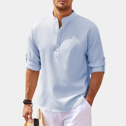 Men’s Casual Shirt – Relaxed Fit – Natural Fibers – Mandarin Collar – Long Sleeve