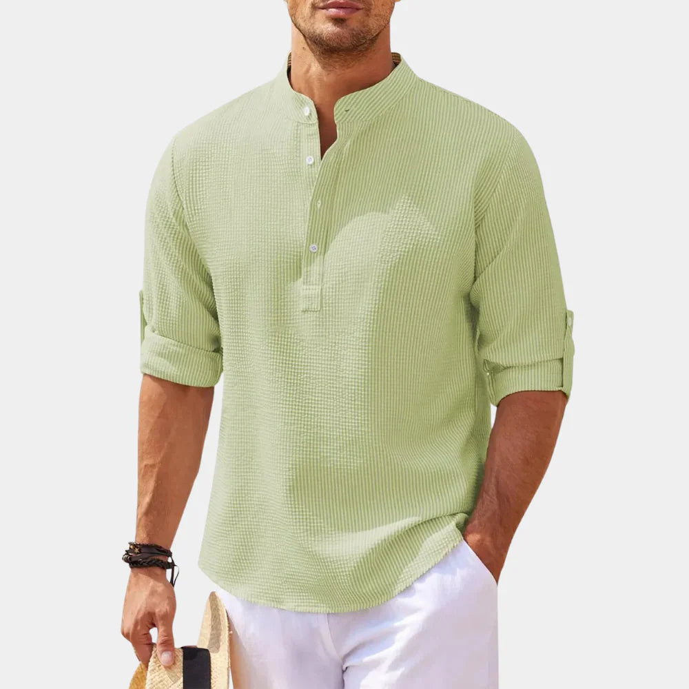 Men’s Casual Shirt – Relaxed Fit – Natural Fibers – Mandarin Collar – Long Sleeve