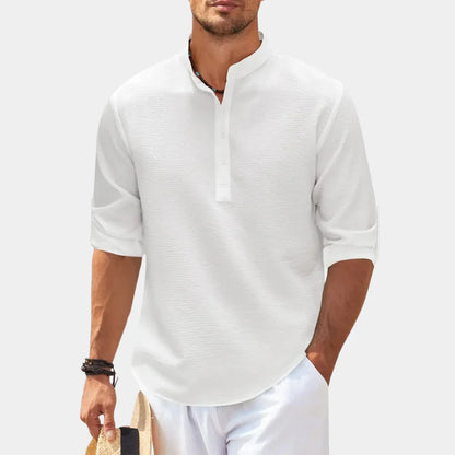 Men’s Casual Shirt – Relaxed Fit – Natural Fibers – Mandarin Collar – Long Sleeve