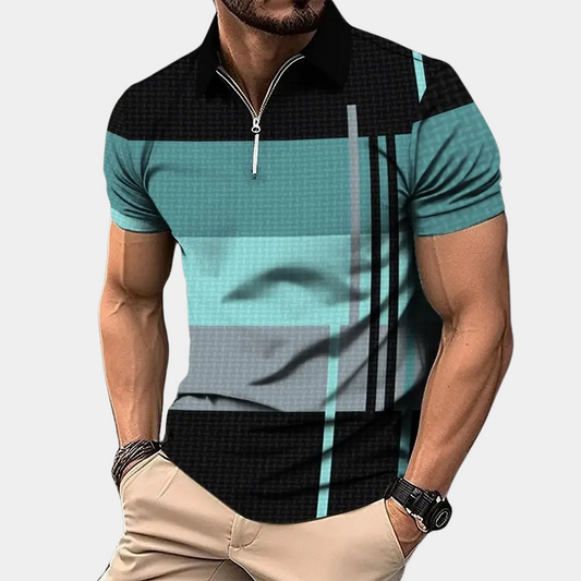 Men’s Polo Shirt – Slim Fit – Zipper Closure – Breathable Blend – Geometric Pattern