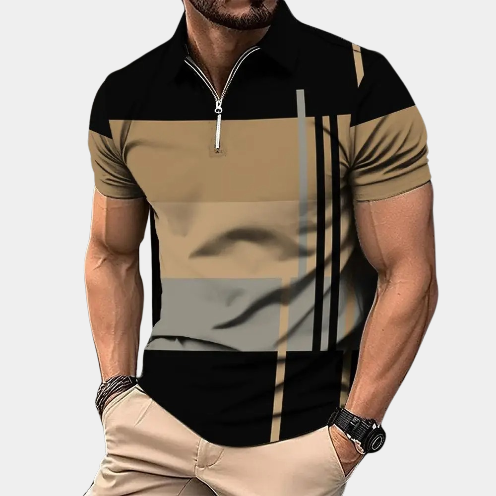 Men’s Polo Shirt – Slim Fit – Zipper Closure – Breathable Blend – Geometric Pattern