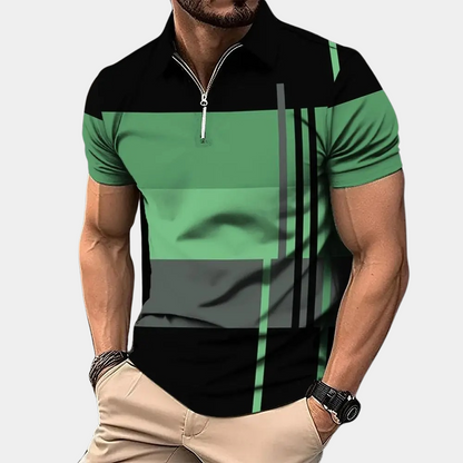 Men’s Polo Shirt – Slim Fit – Zipper Closure – Breathable Blend – Geometric Pattern