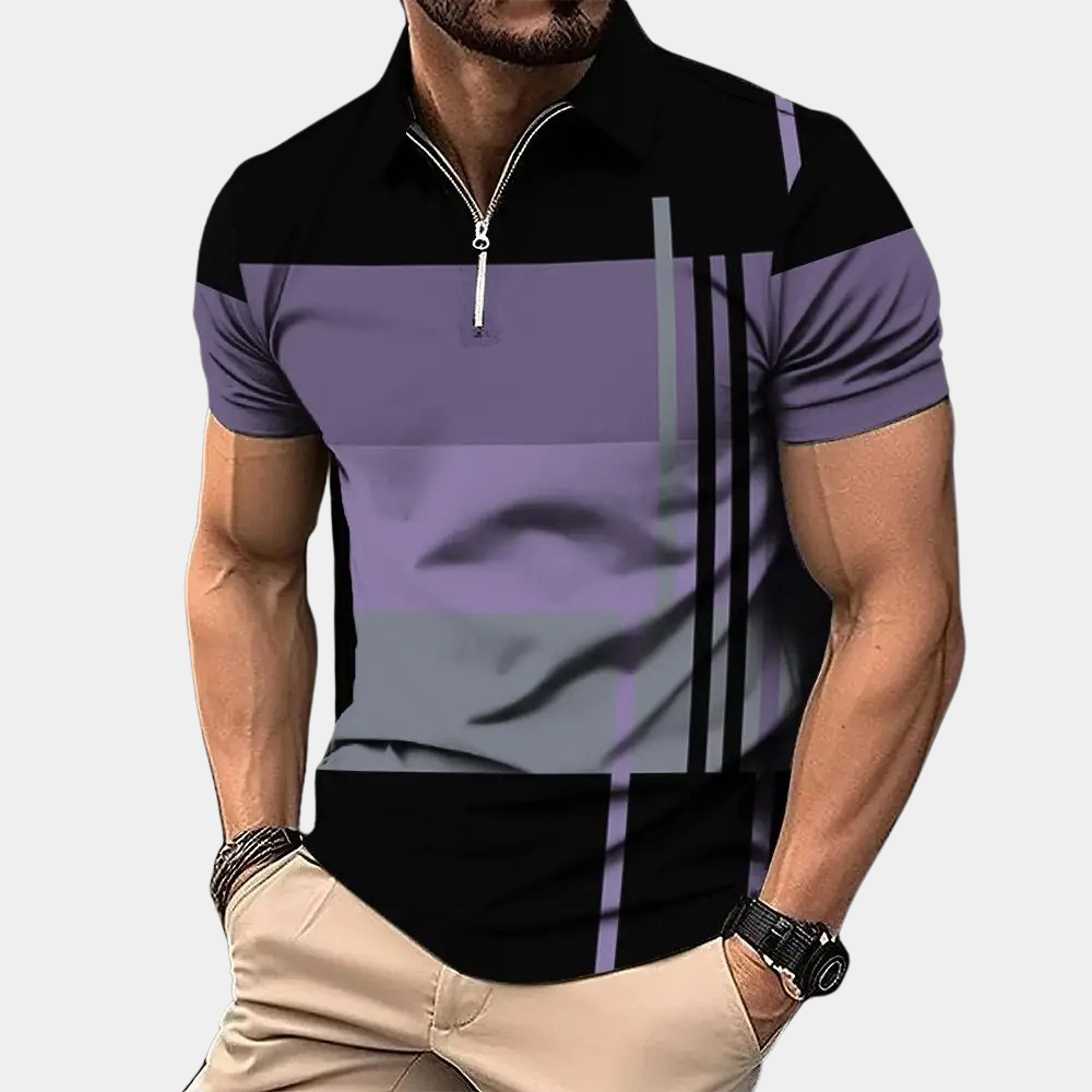 Men’s Polo Shirt – Slim Fit – Zipper Closure – Breathable Blend – Geometric Pattern