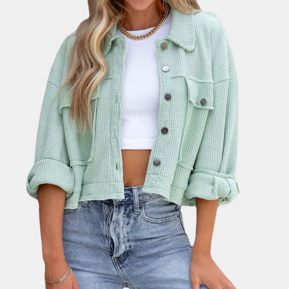 Women’s Cropped Jacket – Waffle Knit – Oversized Boxy Fit – Button Front – Flap Pockets