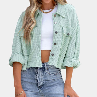 Women’s Cropped Jacket – Waffle Knit – Oversized Boxy Fit – Button Front – Flap Pockets