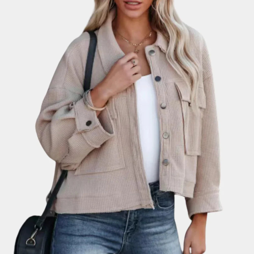 Women’s Cropped Jacket – Waffle Knit – Oversized Boxy Fit – Button Front – Flap Pockets