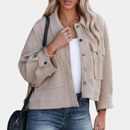 Women’s Cropped Jacket – Waffle Knit – Oversized Boxy Fit – Button Front – Flap Pockets