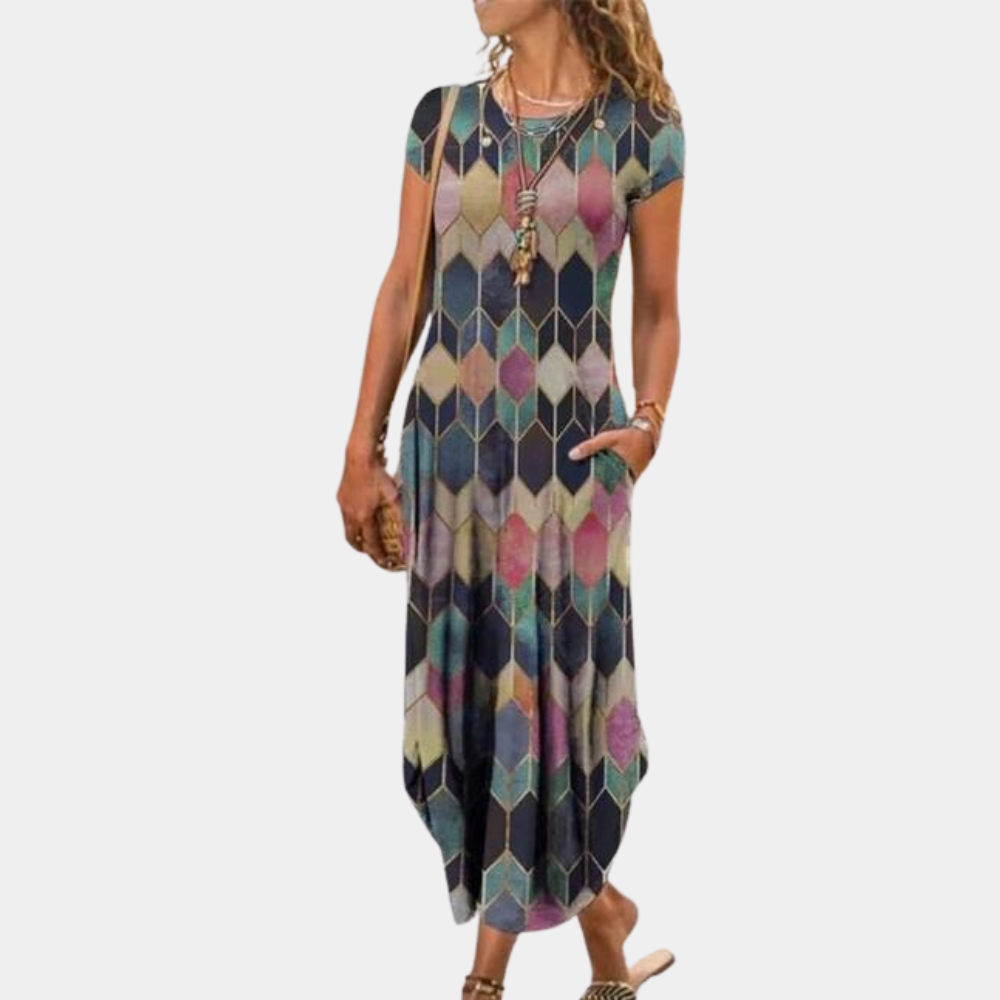 Women’s Midi Dress – Relaxed Fit – Short Sleeve – Breathable Blend – Abstract Print
