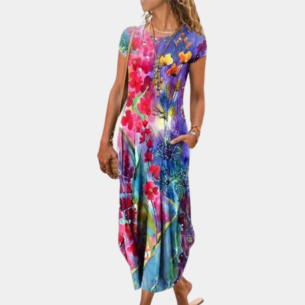 Women’s Midi Dress – Relaxed Fit – Short Sleeve – Breathable Blend – Abstract Print