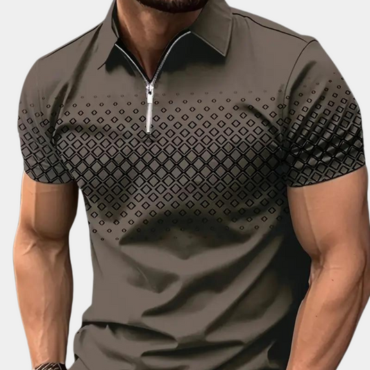 Men’s Polo Shirt – Slim Fit – Zipper Placket – Geometric Pattern – Breathable Blend
