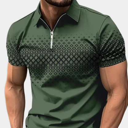 Men’s Polo Shirt – Slim Fit – Zipper Placket – Geometric Pattern – Breathable Blend