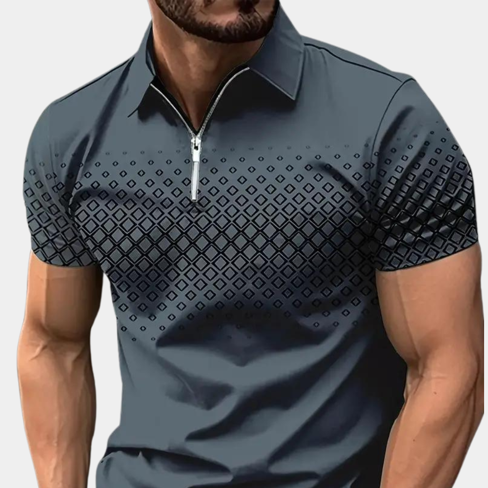 Men’s Polo Shirt – Slim Fit – Zipper Placket – Geometric Pattern – Breathable Blend