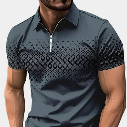 Men’s Polo Shirt – Slim Fit – Zipper Placket – Geometric Pattern – Breathable Blend