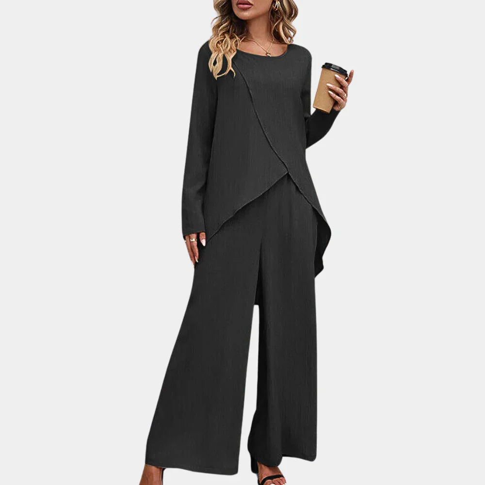 Women's Asymmetrical Top and Wide-Leg Trousers Set - Relaxed Flowing Silhouette