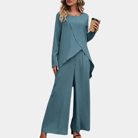 Women's Asymmetrical Top and Wide-Leg Trousers Set - Relaxed Flowing Silhouette