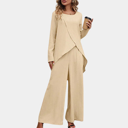 Women's Asymmetrical Top and Wide-Leg Trousers Set - Relaxed Flowing Silhouette