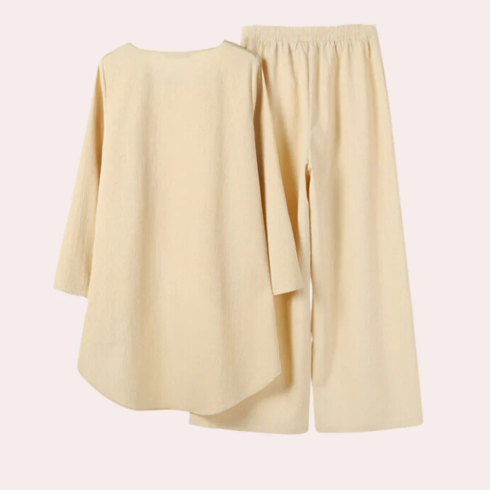 Women's Asymmetrical Top and Wide-Leg Trousers Set - Relaxed Flowing Silhouette