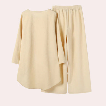 Women's Asymmetrical Top and Wide-Leg Trousers Set - Relaxed Flowing Silhouette