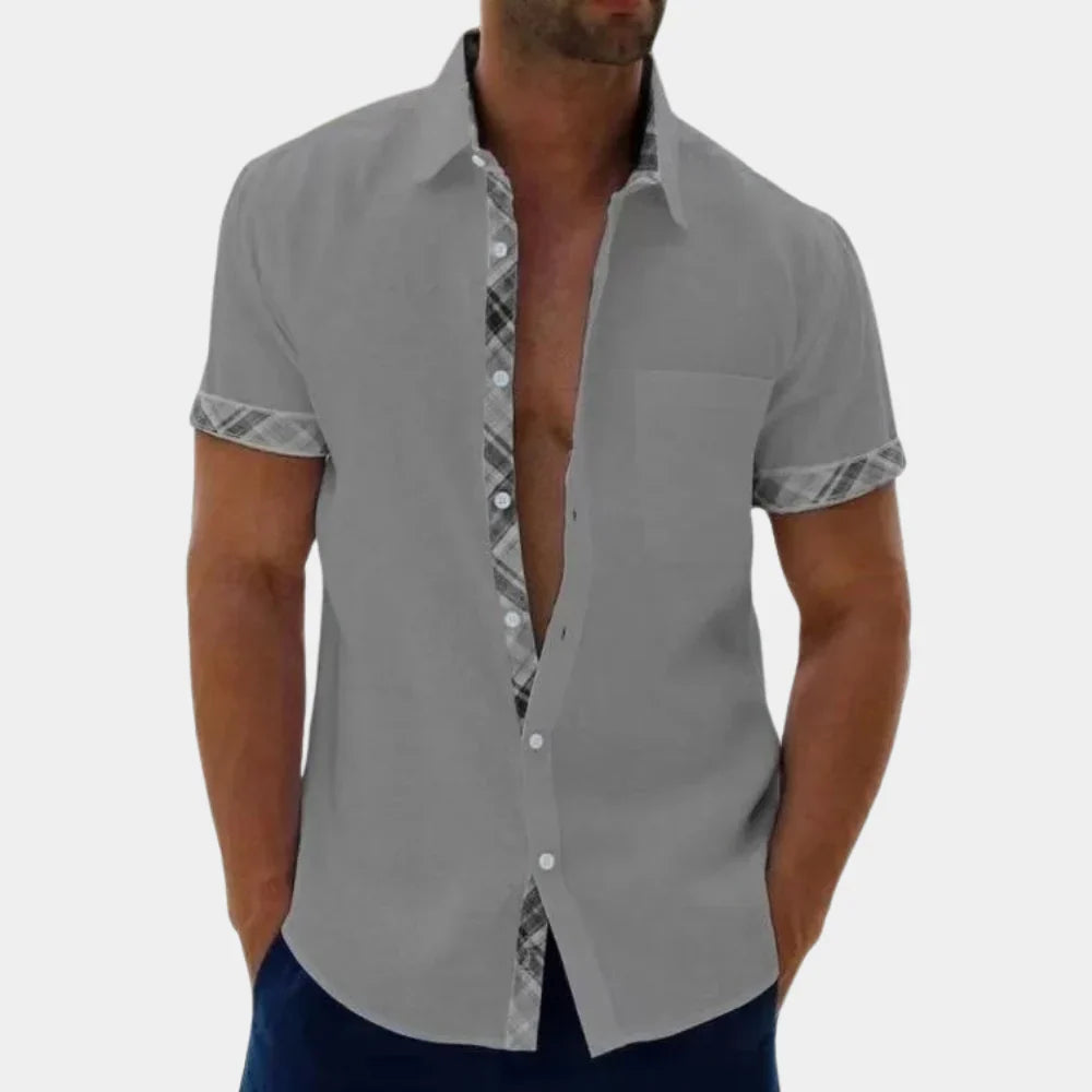Men’s Short Sleeve Shirt – Relaxed Fit – Breathable Blend – Button-Up with Trim Detail