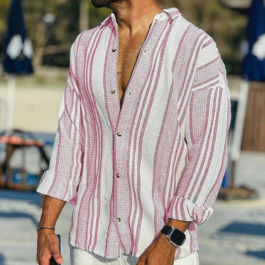 Men’s Casual Shirt – Relaxed Fit – Long Sleeve – Button-Up – Breathable Blend – Striped