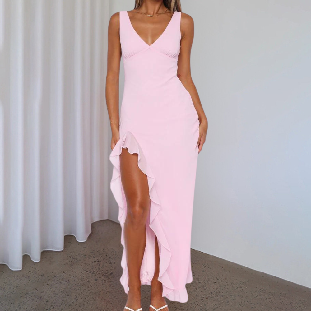 Women’s Evening Dress – Slim Fit – V-Neck Sleeveless – Luxury Fabric – High Slit Gown