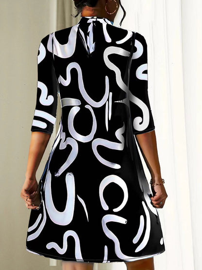 Women’s Mini Dress - Knit - Relaxed A-Line - Mock Neck - Three-Quarter Sleeve - Abstract Print