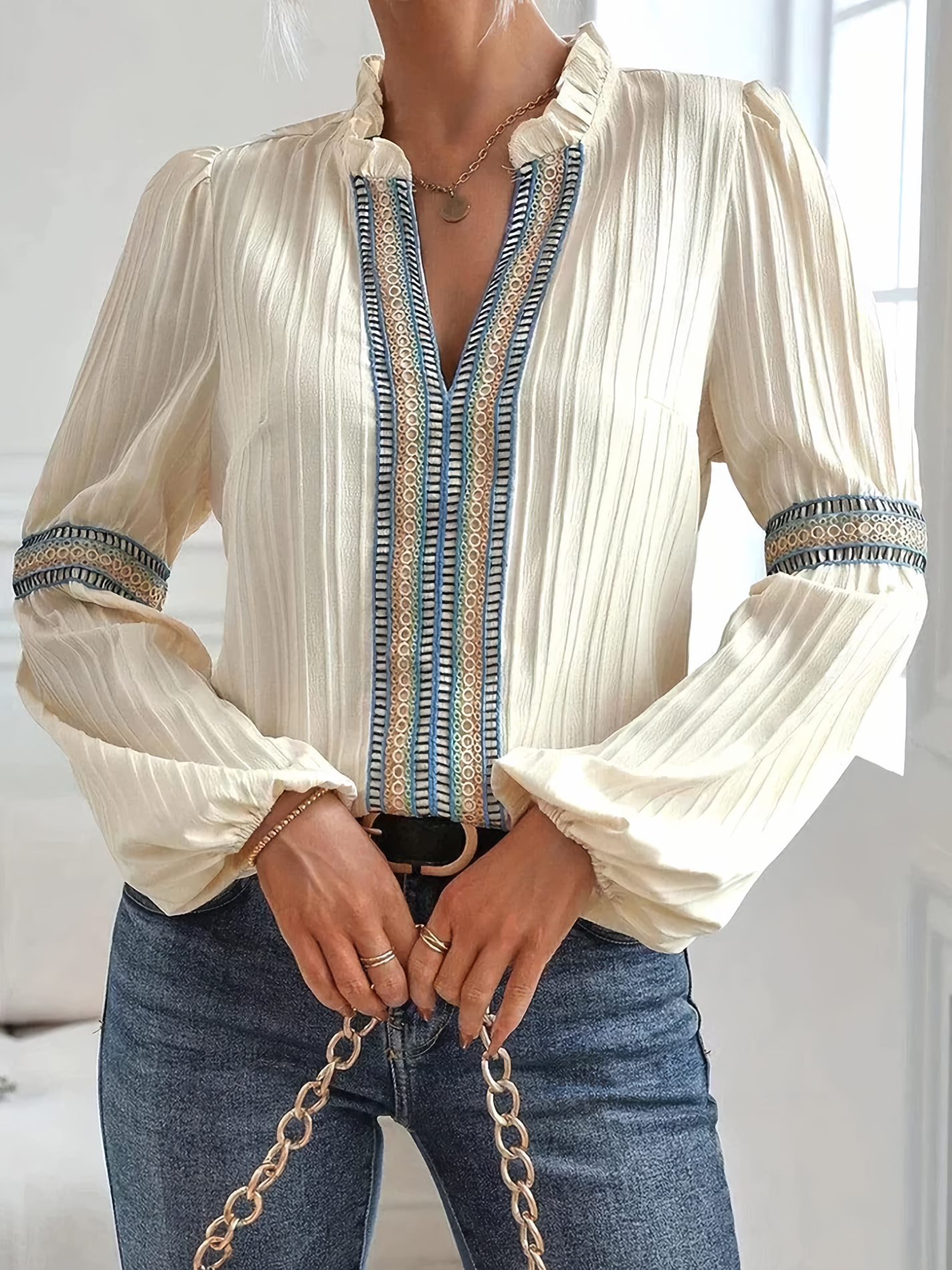 Women’s Blouse – Relaxed Fit – Ruffled Collar – Pleated Front – Long Sleeve Trim Detail