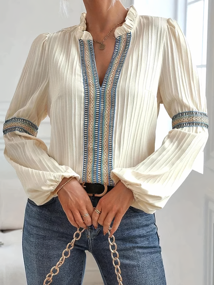 Women’s Blouse – Relaxed Fit – Ruffled Collar – Pleated Front – Long Sleeve Trim Detail